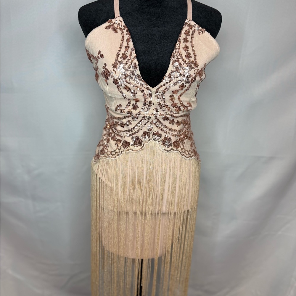 Tan and Cream Sequin Embellished Bodycon Dress